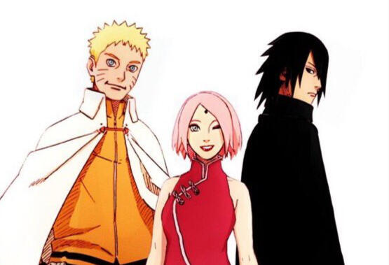 Colored photo of an illustration of naruto's team 7 with their chapter 700 appearances (mid 20s age). From left to right: Uzumaki Naruto wearing the hokage cloak, Uchiha Sakura, and Uchiha Sasuke